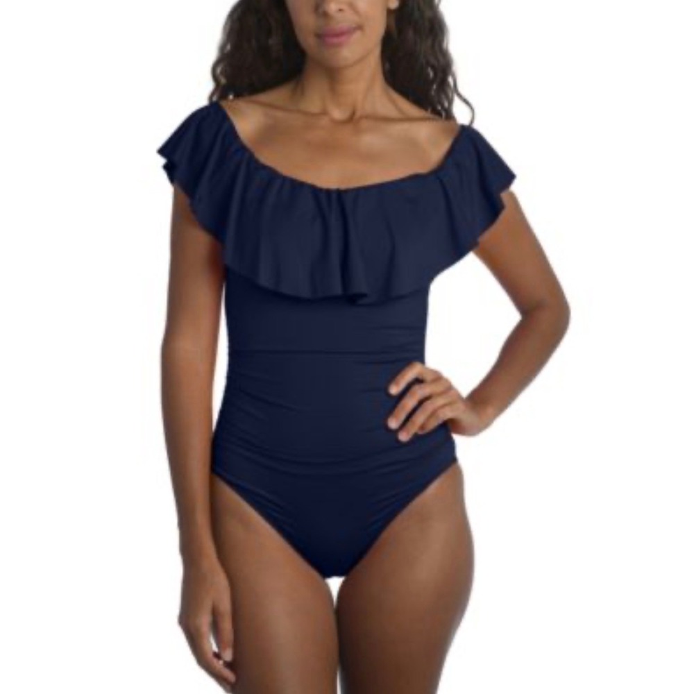 La Blanca Island Goddess Navy Blue Ruffle Off The Shoulder One Piece Swimsuit 8